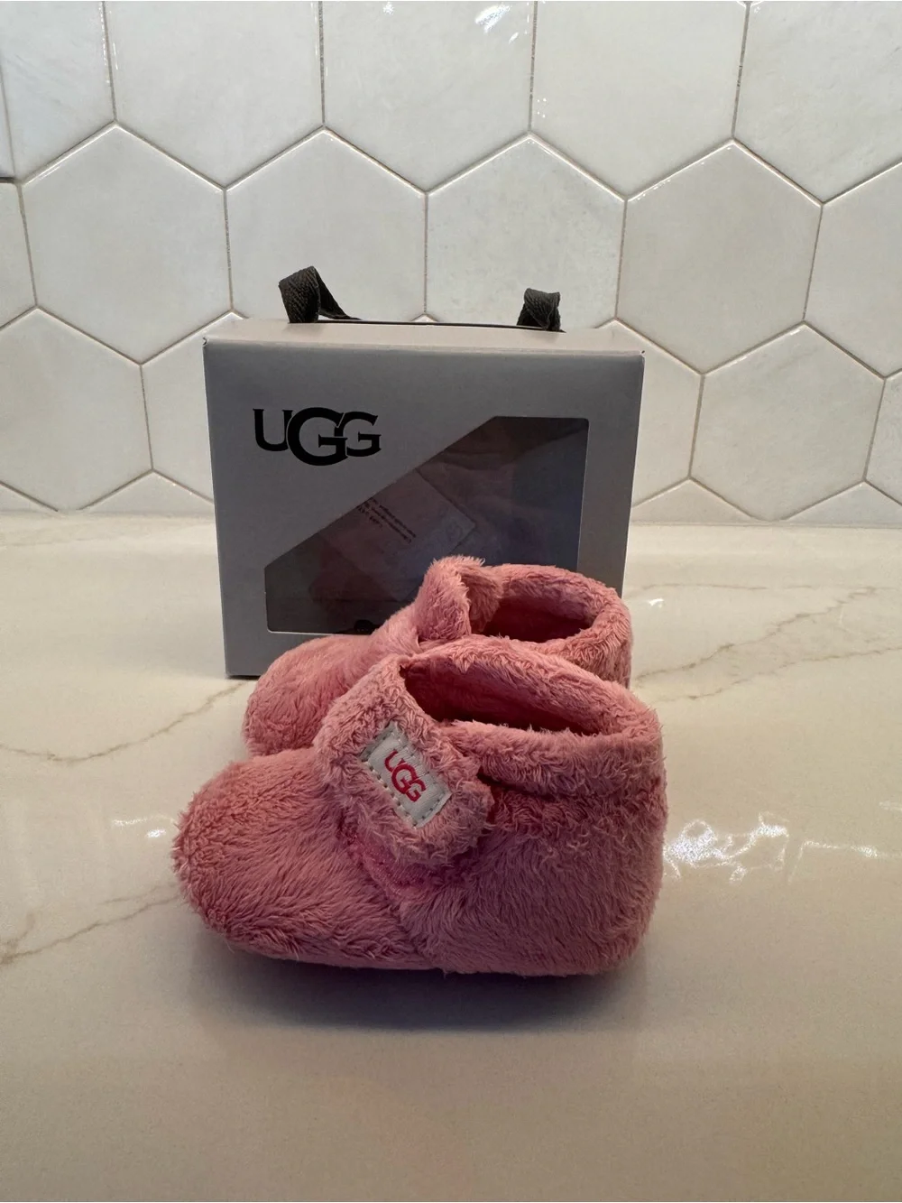 UGG Pink Plush Baby Booties with Hook-and-Loop Strap